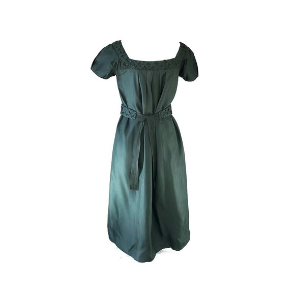 Hoss Intropia Hunter Green Silk Belted Midi Dress Cummerbund Tie Size 36 Medium - Picture 5 of 8